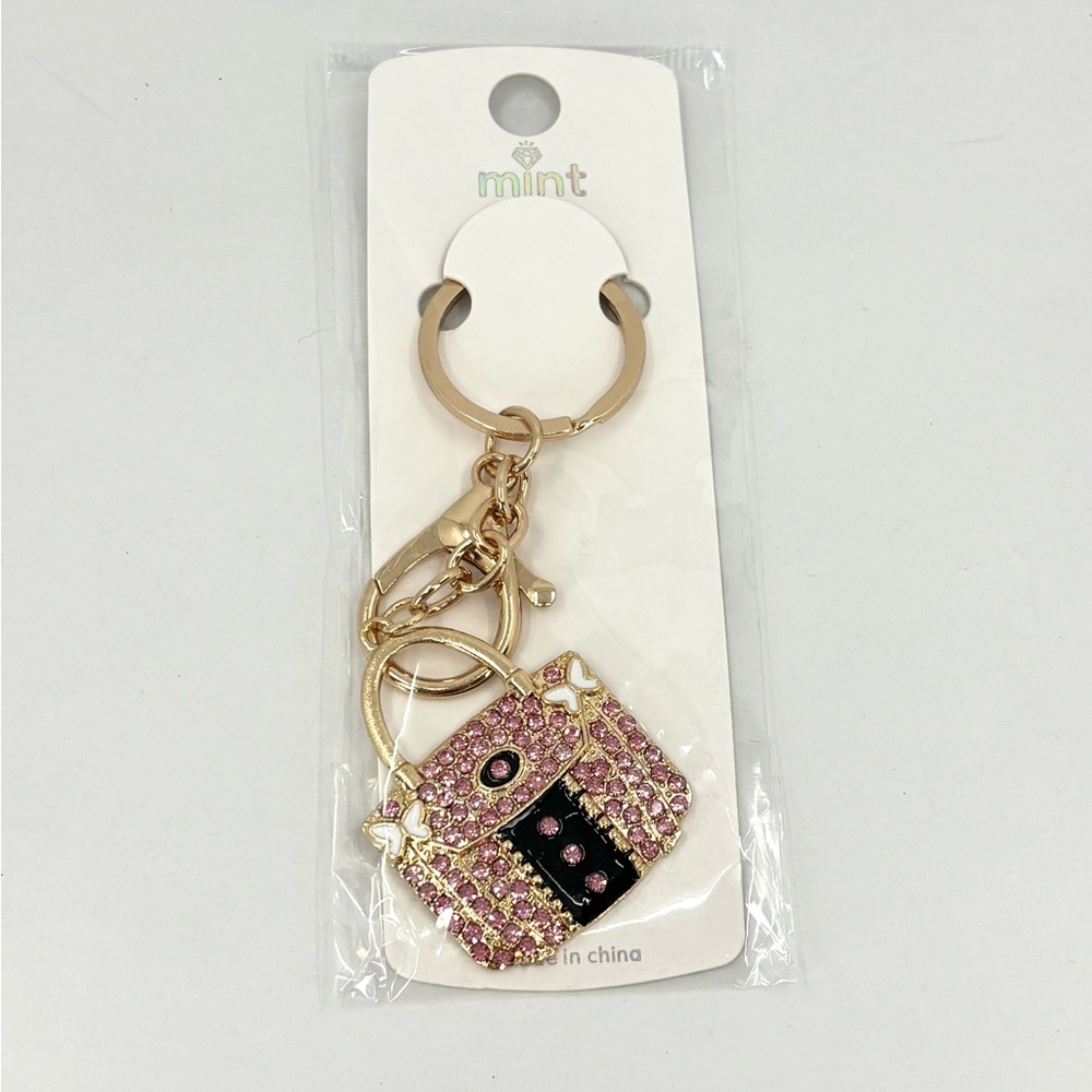 PurseCharm or Keychain Gold with Pink Rhinestones Handbag Design NEW - Picture 1 of 4